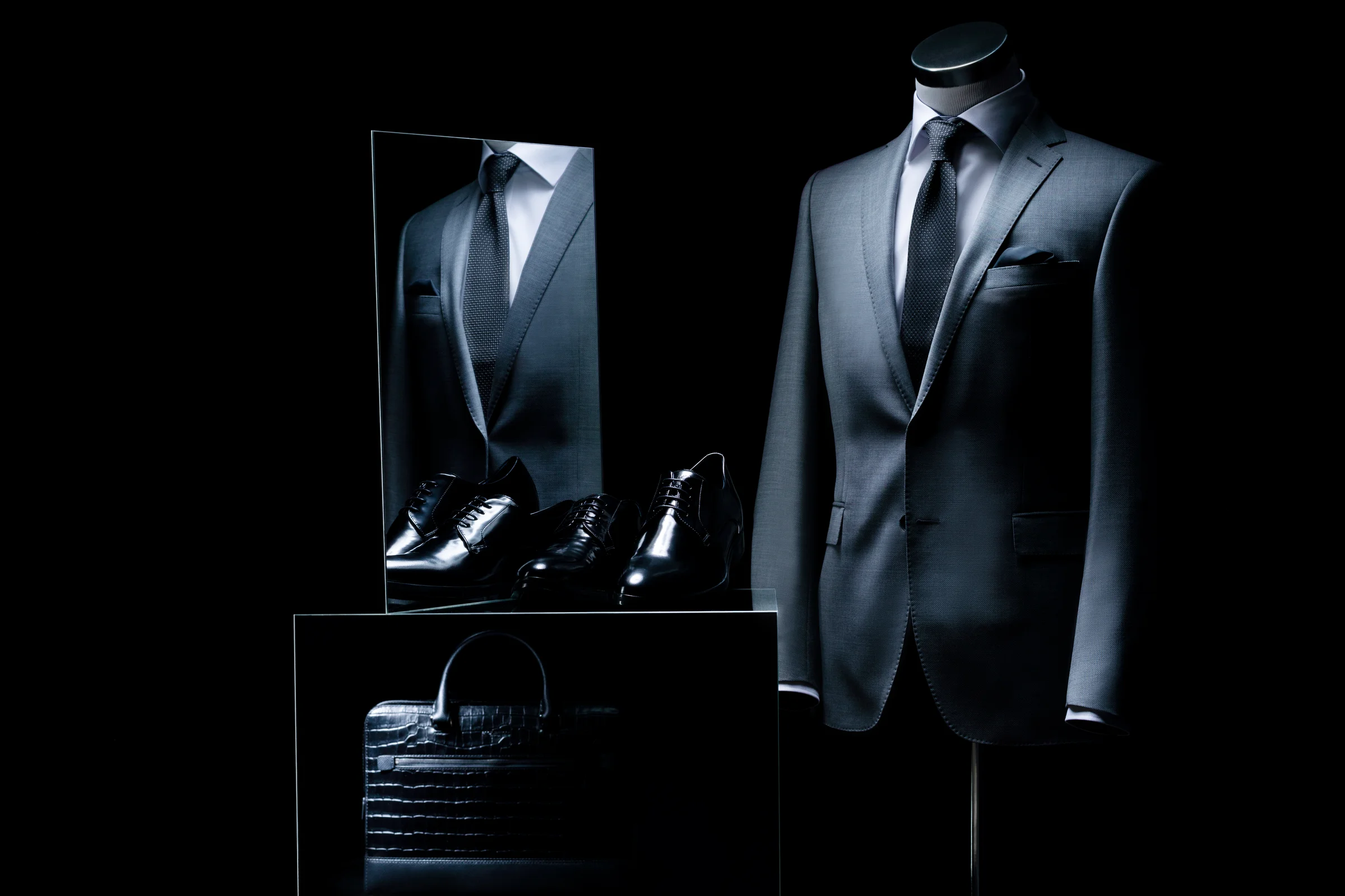 Grauer Anzug auf einer Büste, daneben ein Spiegel mit Reflexion, schwarze Schuhe und eine Aktentasche in Low-Key-Licht